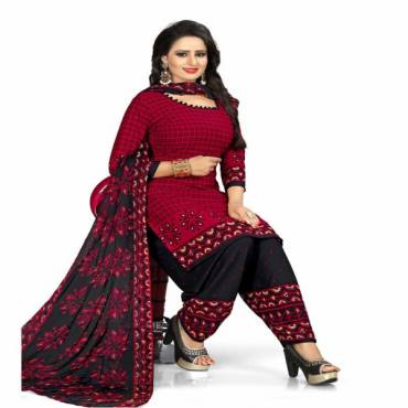  Red printed crepe patiala unstitched women's dress material